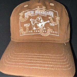 True Religion Brown Hat with White and Gold Embroidery